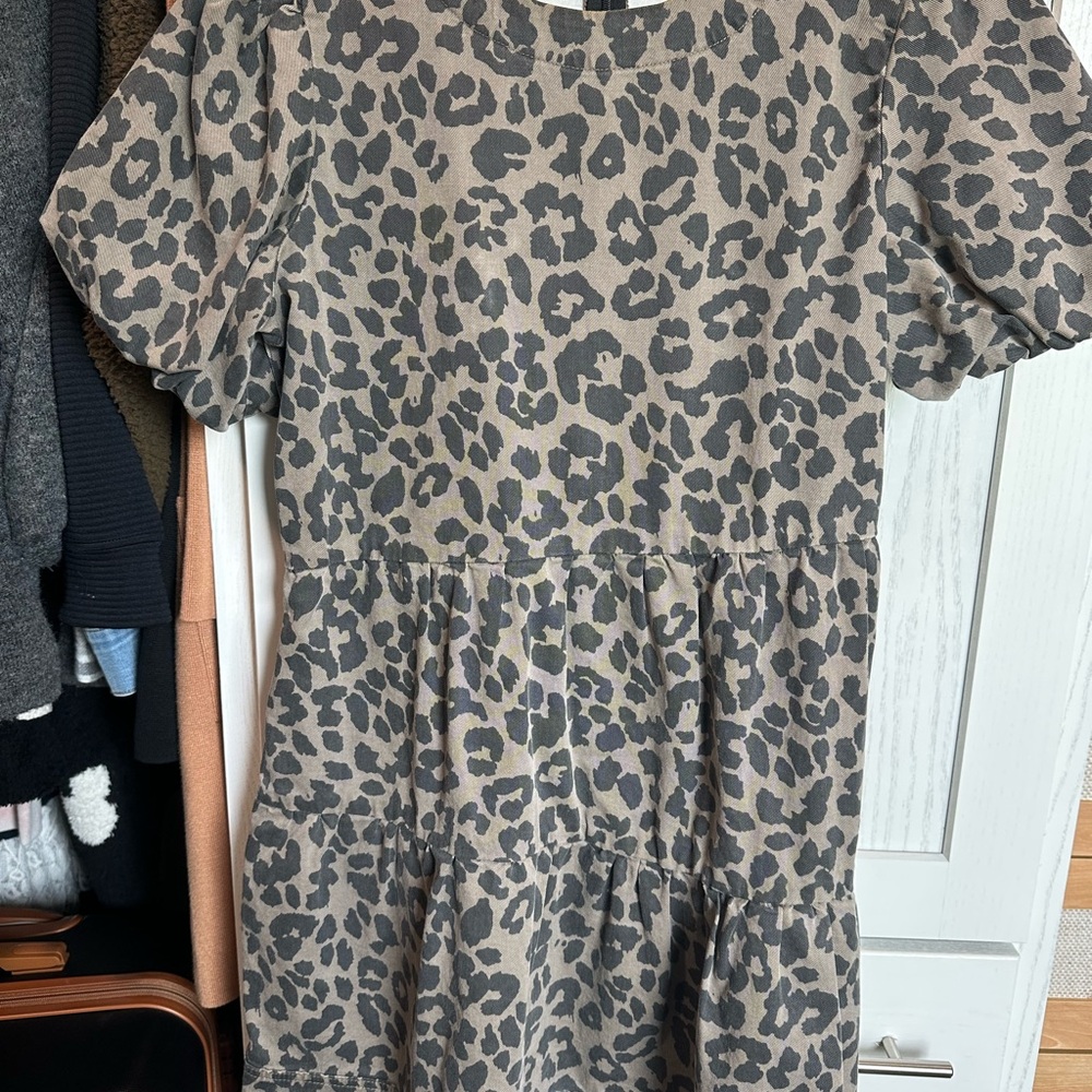 Women’s Boutique Leopard Print Tiered Dress in Taupe and Black with Pockets